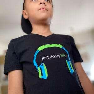 Headphones Blue/Green T-Shirt Tag - Just Doing Life