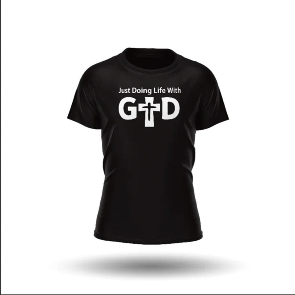Just Doing Life with God: Signature Cross Black T-Shirt